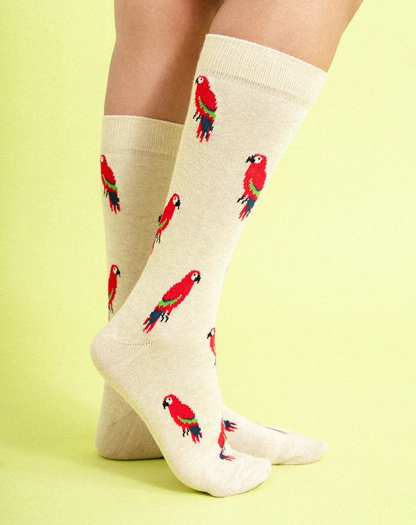 Medias edición especial largas beige con guacamayas + tobilleras cortas blancas
