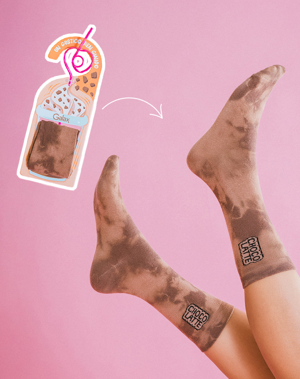 Medias unisex largas café dibujo + empaque